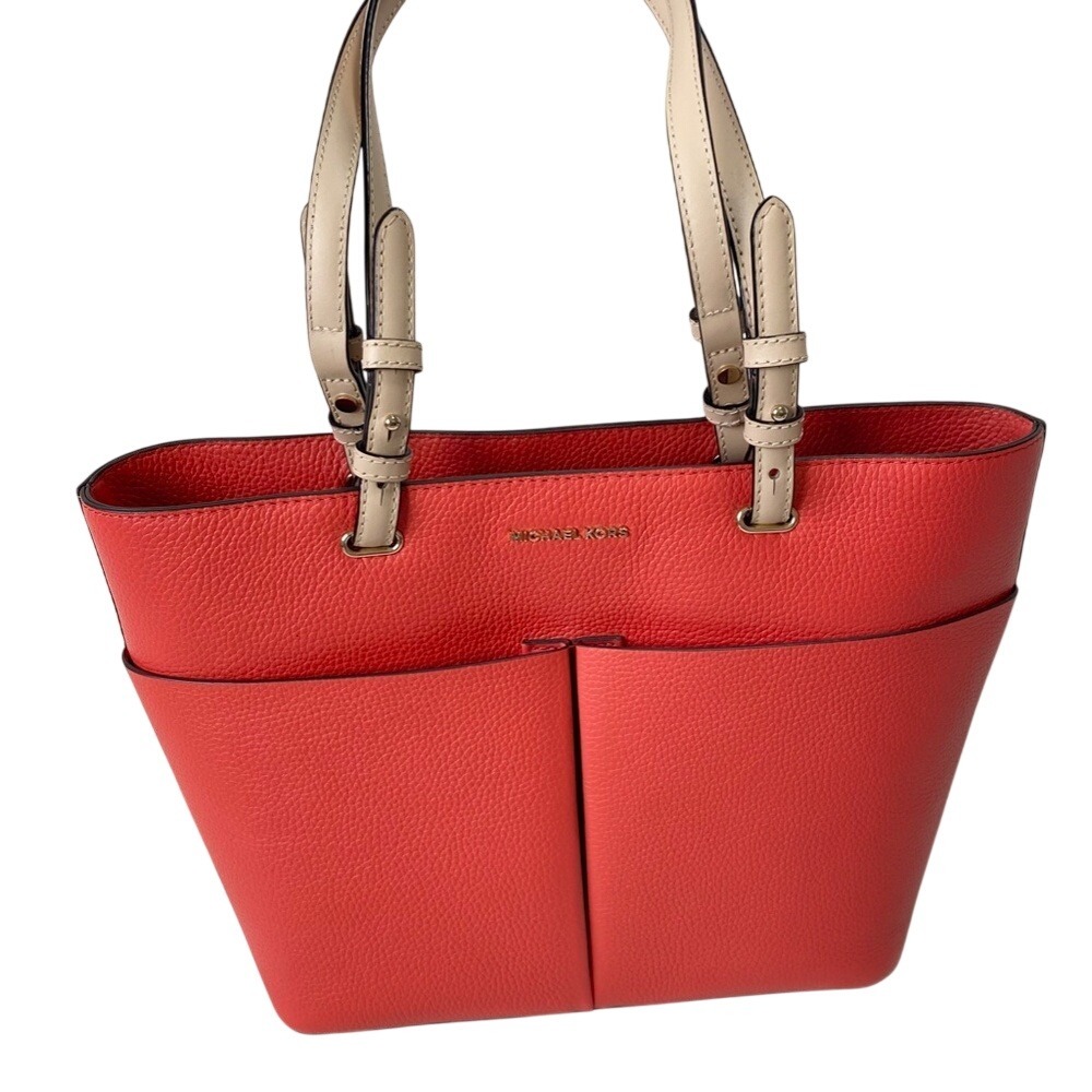 Michael Kors Tote Bedford Pebbled Leather Pocket, Womens Medium Coral-Red - Picture 1 of 9